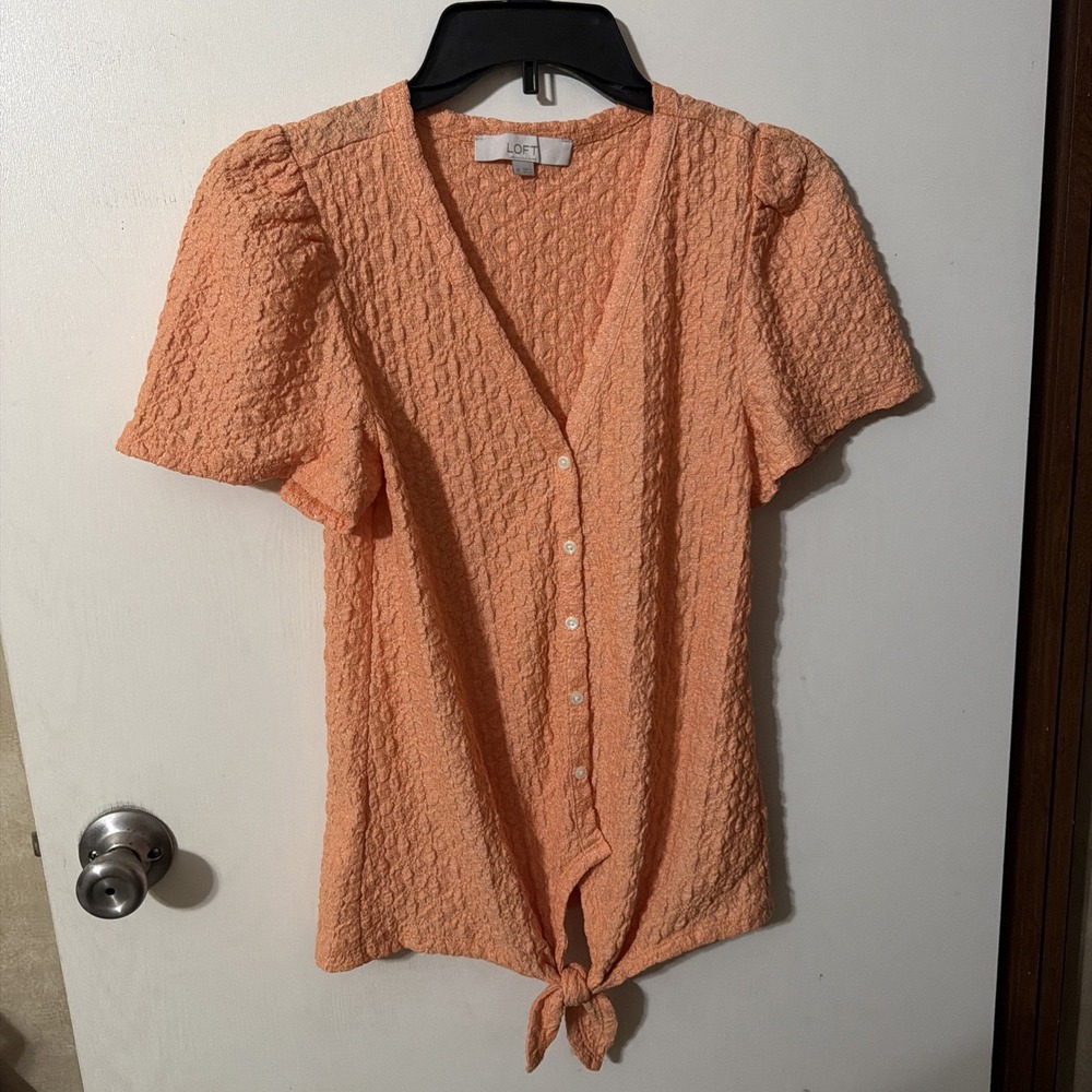 LOFT Women's Blouse Shirt Knit Top Orange Button Front Tie Hem Textured X- Small